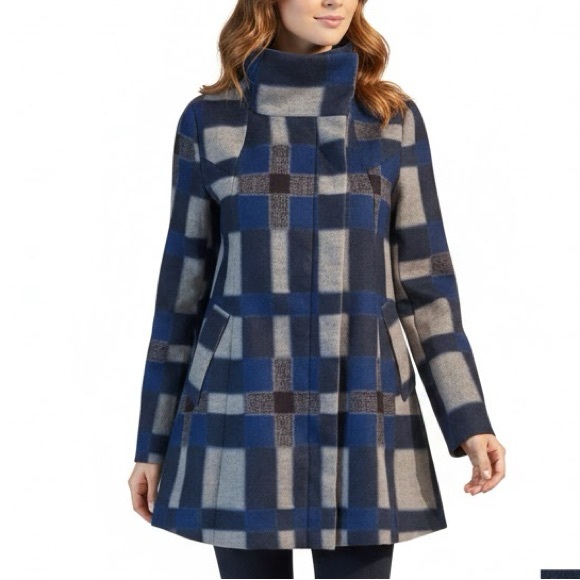 Sweaters - Blue and Gray Plaid Coat with Funnel Neck - Size M